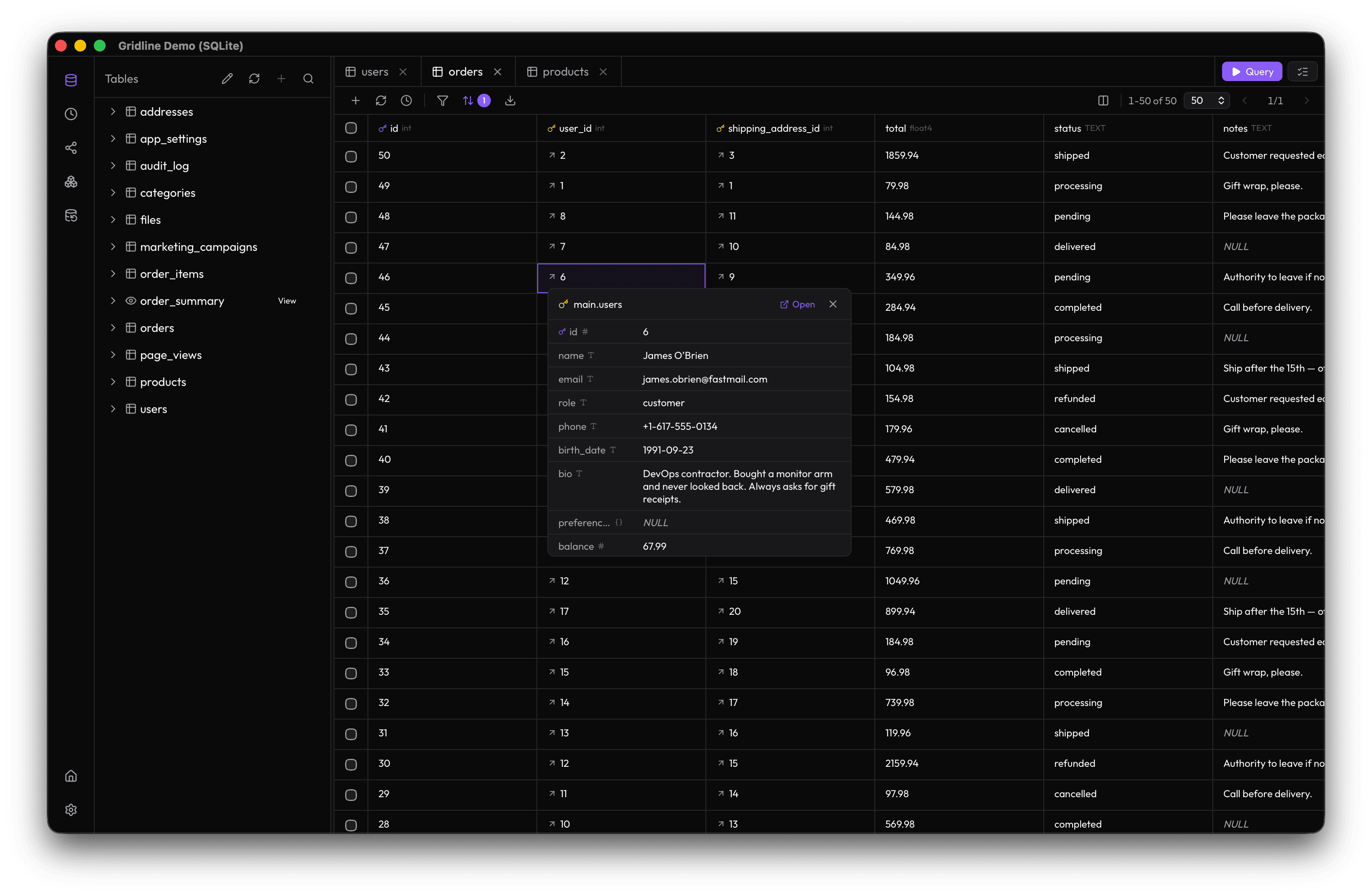 Gridline data grid with FK preview